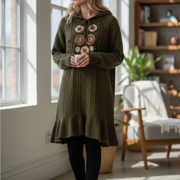Hush Dresses & Skirts - Hush Olive Green Knit Sweater Dress Floral Appliqué Hooded Boho Cozy Size S
